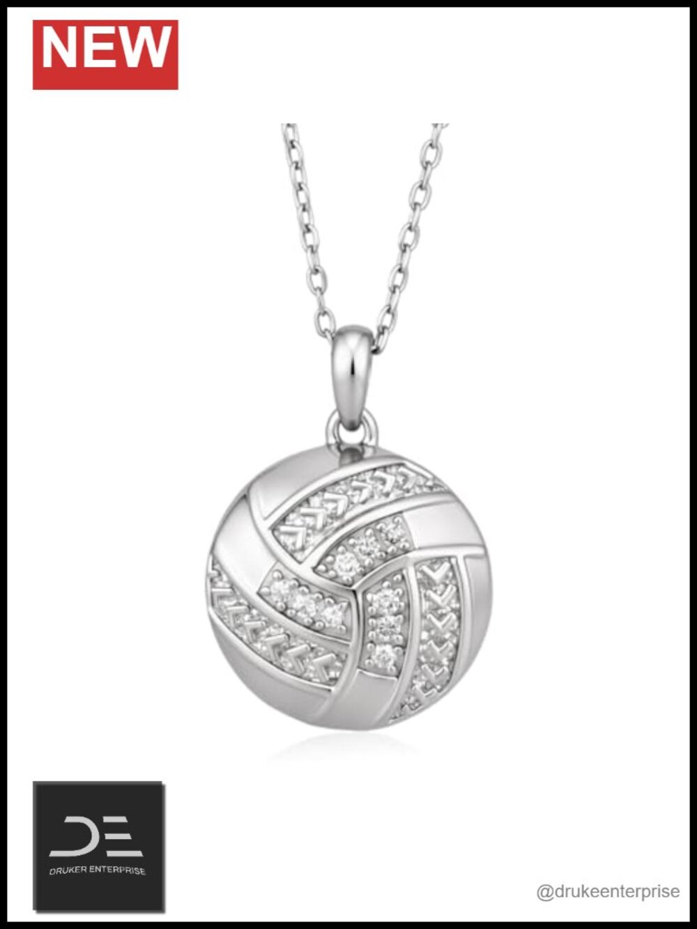 Sterling Silver Lab Grown Diamond Volleyball Pendant Necklace 18" with Extender